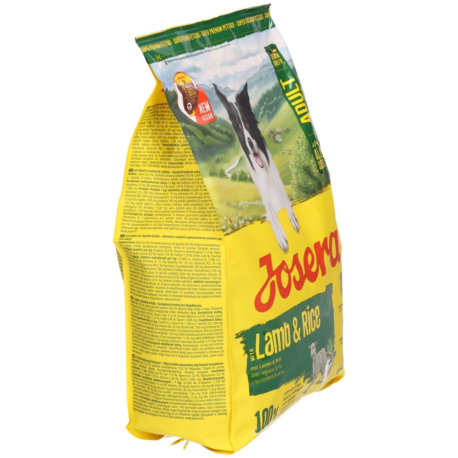 Vue latérale d'un sac de nourriture pour chiens Josera "Light & Vital" avec informations et image de chien.