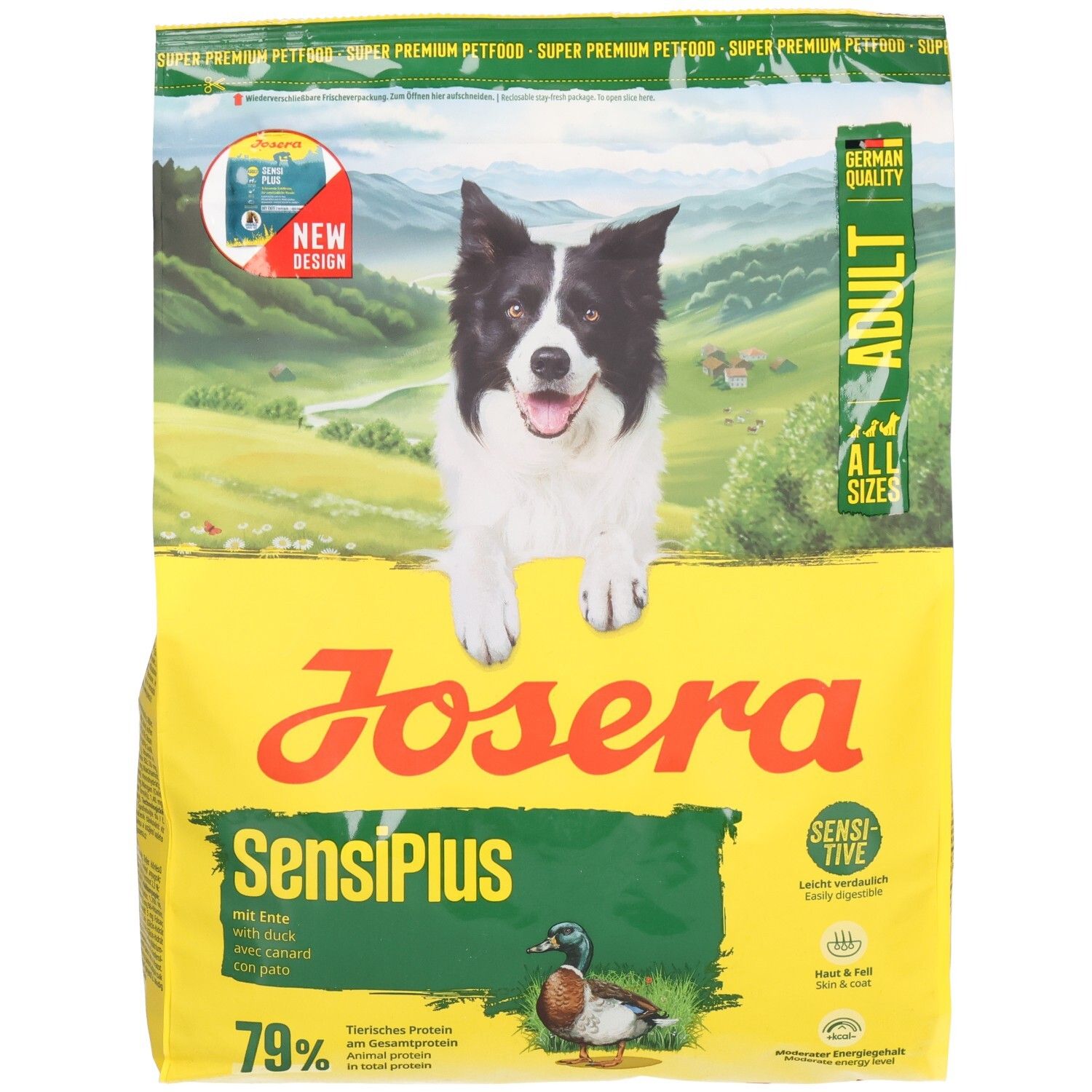 Avant d'un sac de nourriture pour chiots Josera YoungStar avec un jeune chien, un motif de poulet et de céréales.