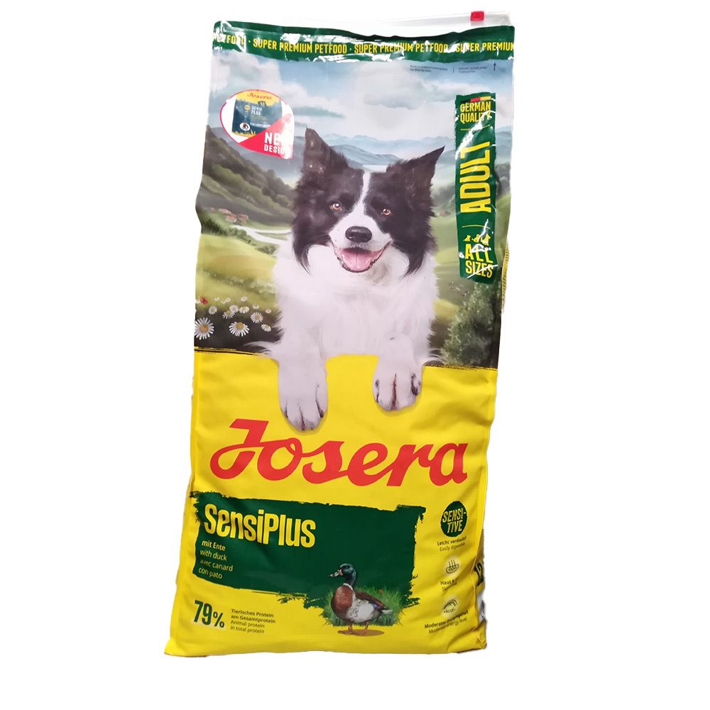 Sac jaune avec chien et nom du produit JOSERA SensiPlus. Inscription : Adult, 79%.