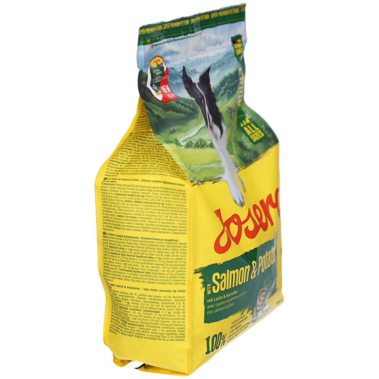Emballage jaune, vue latérale. Texte : JOSERA Salmon & Potato, 100%. Contient du texte en plusieurs langues.