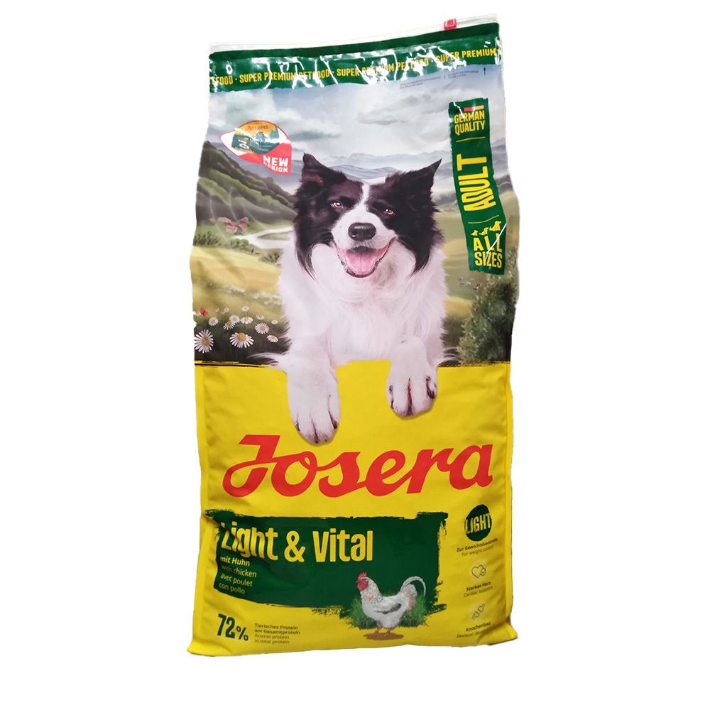 Josera Light & Vital hondenvoer verpakking voor volwassen honden, met afbeelding van een Border Collie en kip.