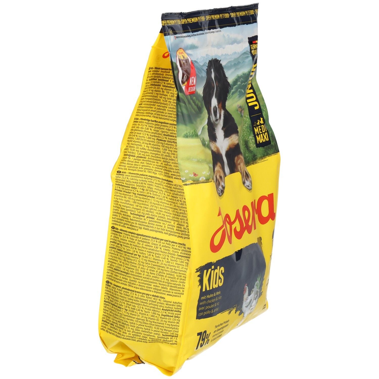 Sac de nourriture pour chien Josera Junior Canard & Saumon avec motif de chiot.