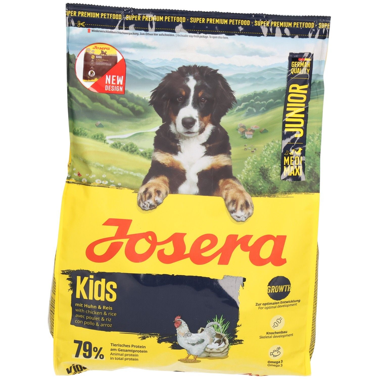 Sac de nourriture pour chien Josera Junior Canard & Saumon avec motif de chiot.