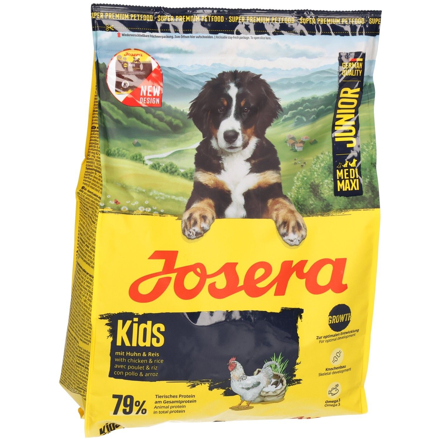 Sac de nourriture pour chien Josera Junior Kids avec motif de chiot Bouvier Bernois.