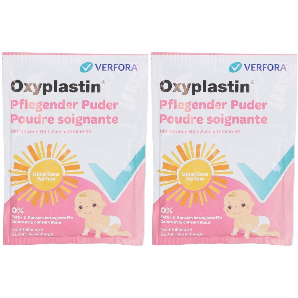 Deux sachets de poudre Oxyplastin. Inscription : Avec vitamine B5. Illustration de bébé. Design rose et blanc. Marque : Verfora.