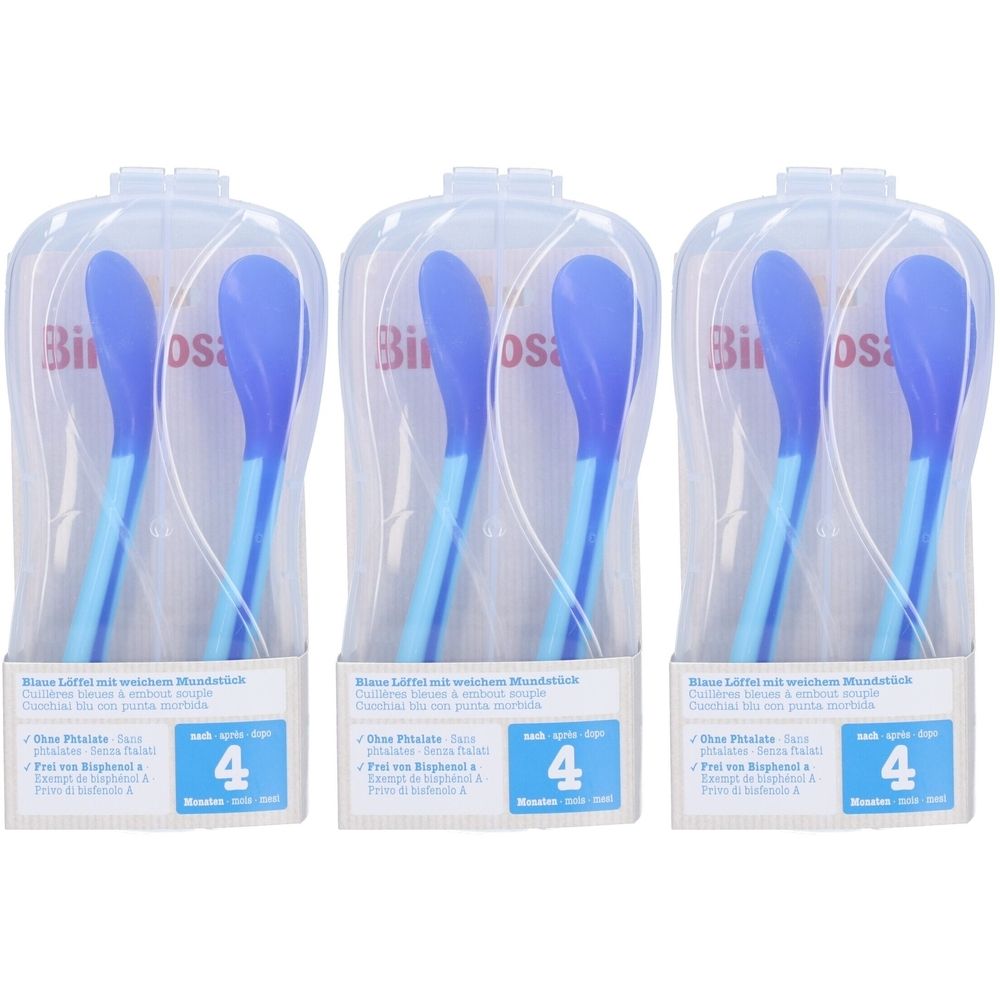 Trois emballages de cuillères pour bébés. Cuillères bleues dans des emballages en plastique transparents. "Bimbosan" sur chaque emballage.