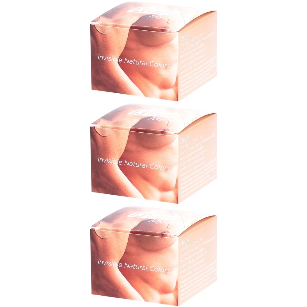 Drie vierkante dozen. Opdruk: borstgedeelte, tekst 'Invisible Natural Colors'. Beige achtergrond.