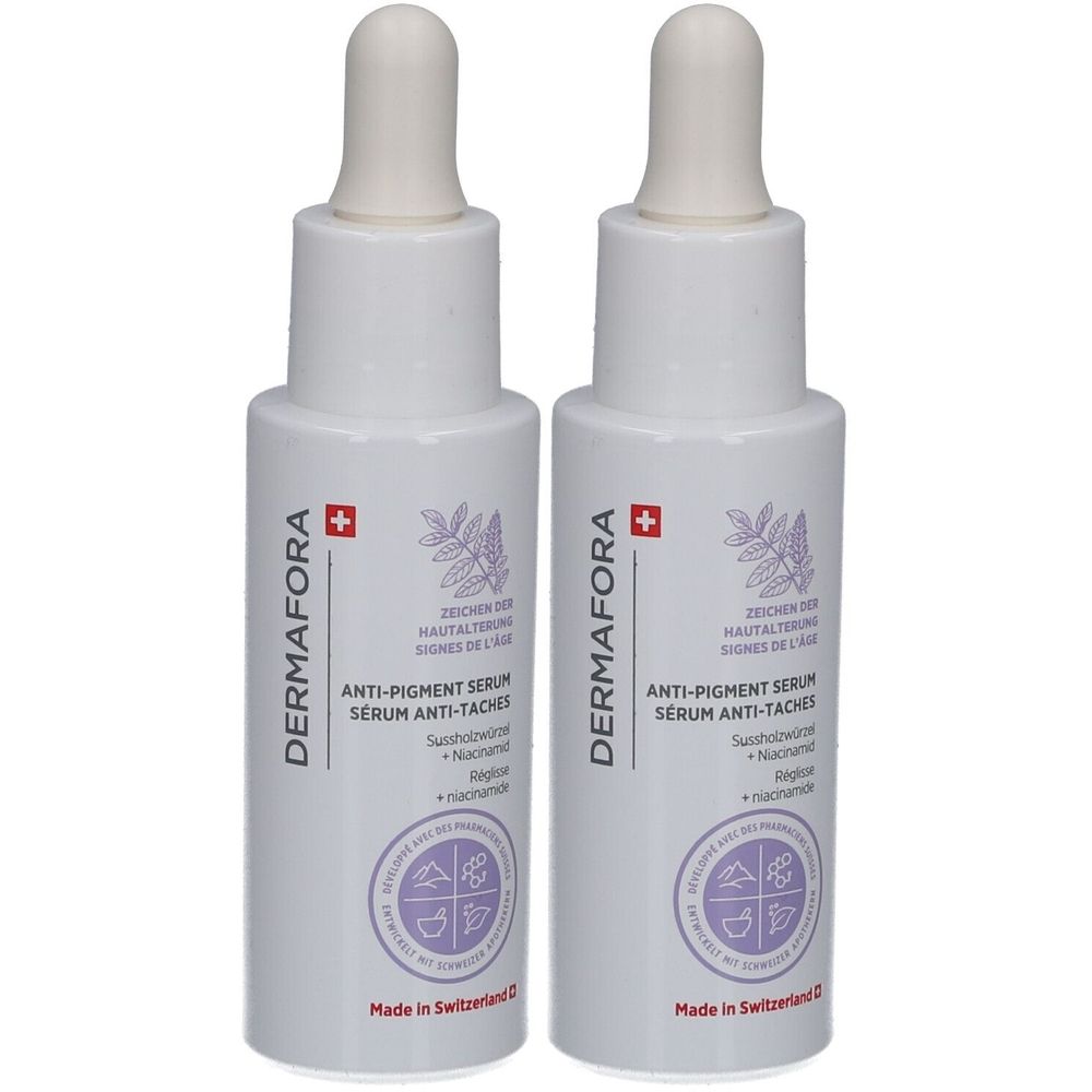 Twee witte flacons met pipet. Opschrift: Dermafora, Anti-pigment serum. Zwitsers kruis. Made in Switzerland.
