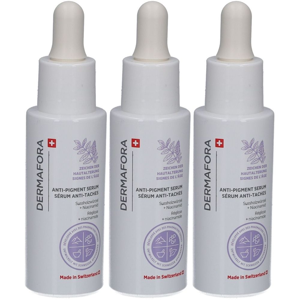 Drie witte flacons met pipet. Opschrift: DERMAFORA, Anti-pigment serum. Zwitsers kruis en andere informatie.