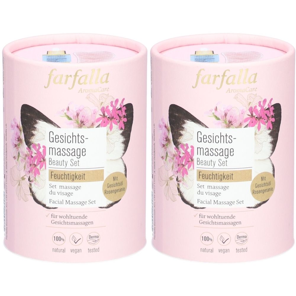 Deux emballages cylindriques roses. Impression : farfalla, Gesichts-Massage Beauty Set, Feuchtigkeit. Avec motif papillon et fleurs.