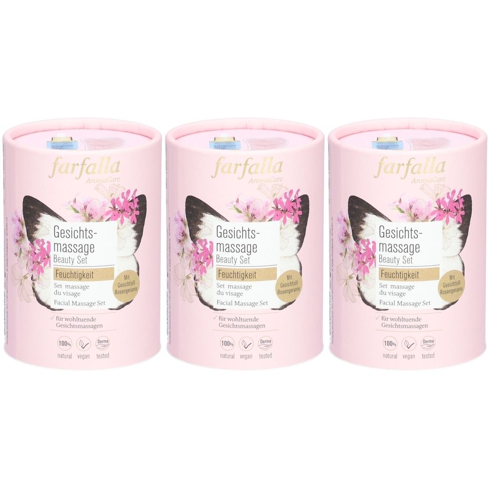 Trois coffrets beauté cylindriques roses. Inscription : « farfalla », « Gesichts-massage Beauty Set », motif papillon, fleurs. Inscription : « Feuchtigkeit ».