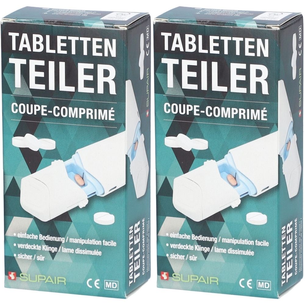 Deux boîtes de coupe-comprimés. Inscription : Tabletten Teiler, Coupe-Comprimé. Marque : SUPAIR. Marquage CE.