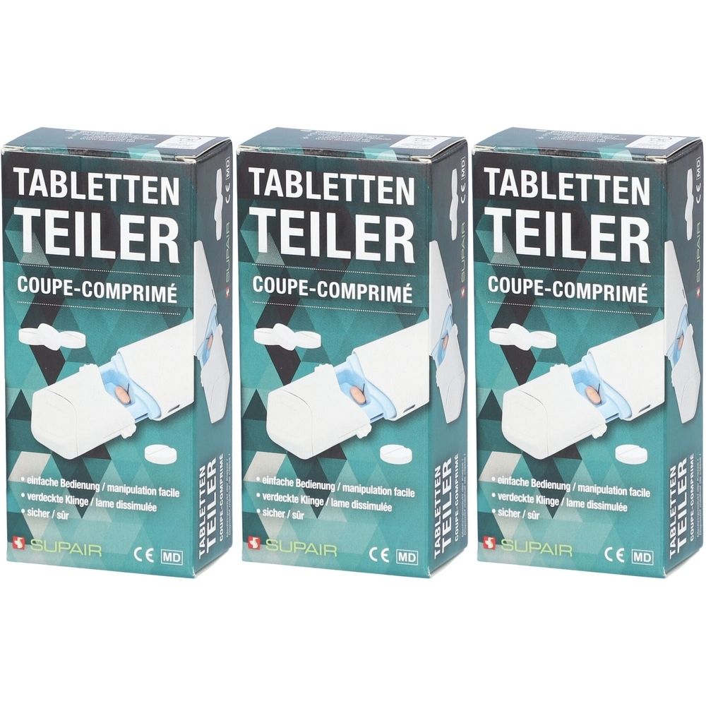 Drie dozen tablettensnijders. Opschrift: Tabletten Teiler, Coupe-comprimé. Merk SUPAIR. CE-markering.