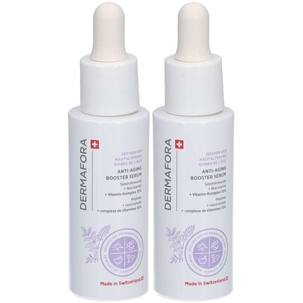 Deux flacons blancs avec compte-gouttes. Inscription: Dermafora, Anti-Aging Booster Serum, Made in Switzerland. Croix suisse.