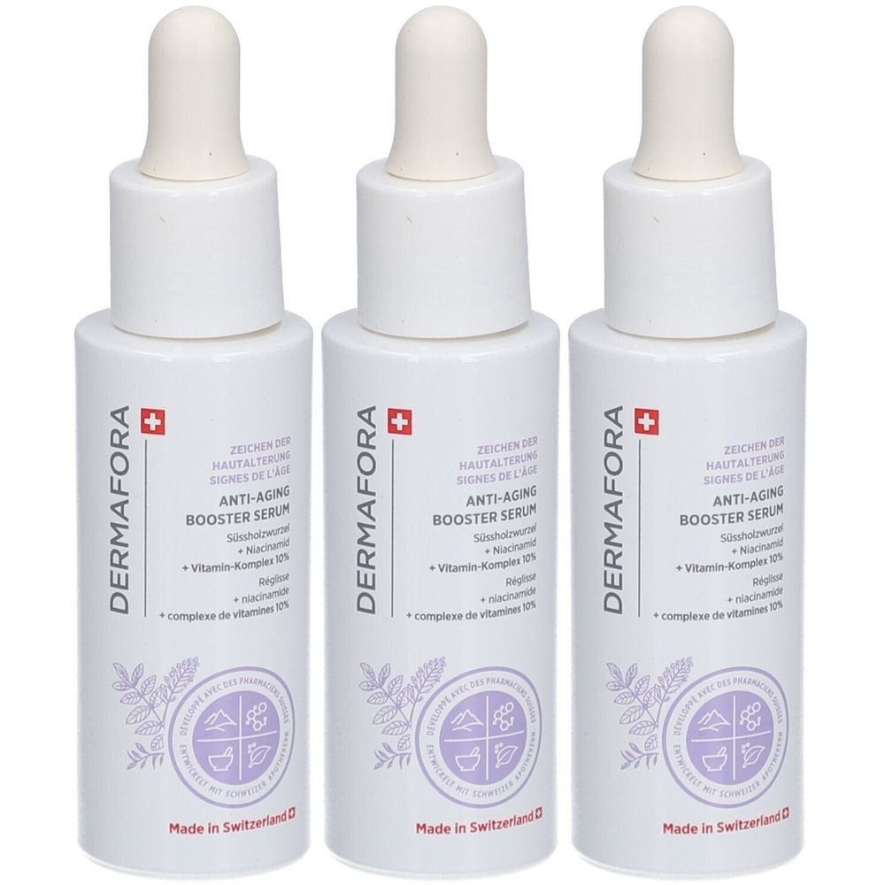 Trois flacons blancs avec compte-gouttes. Inscription: Dermafora, Anti-Aging Booster Serum. Croix suisse. Fabriqué en Suisse.