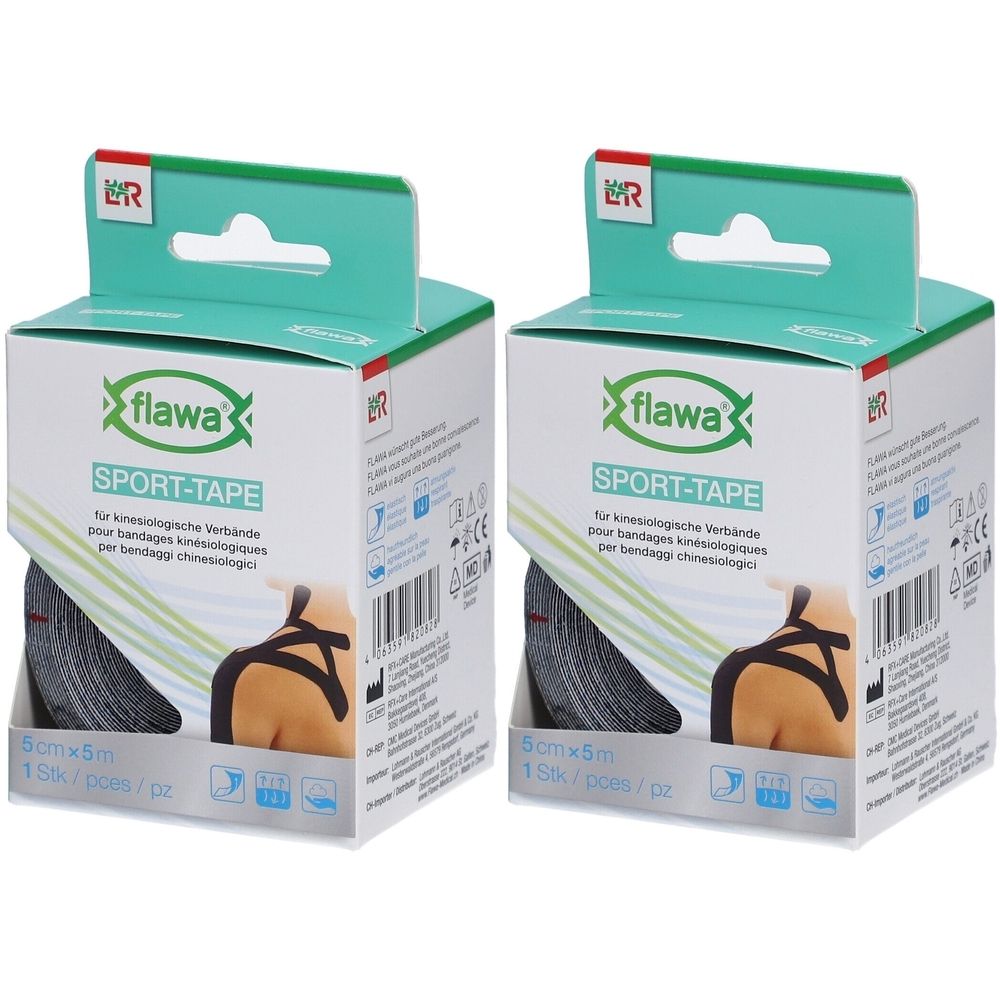 Deux boîtes de Sport-Tape. Inscription : flawa, SPORT-TAPE, 5cm x 5m. Ruban noir dans un emballage en carton avec illustration d'une application.