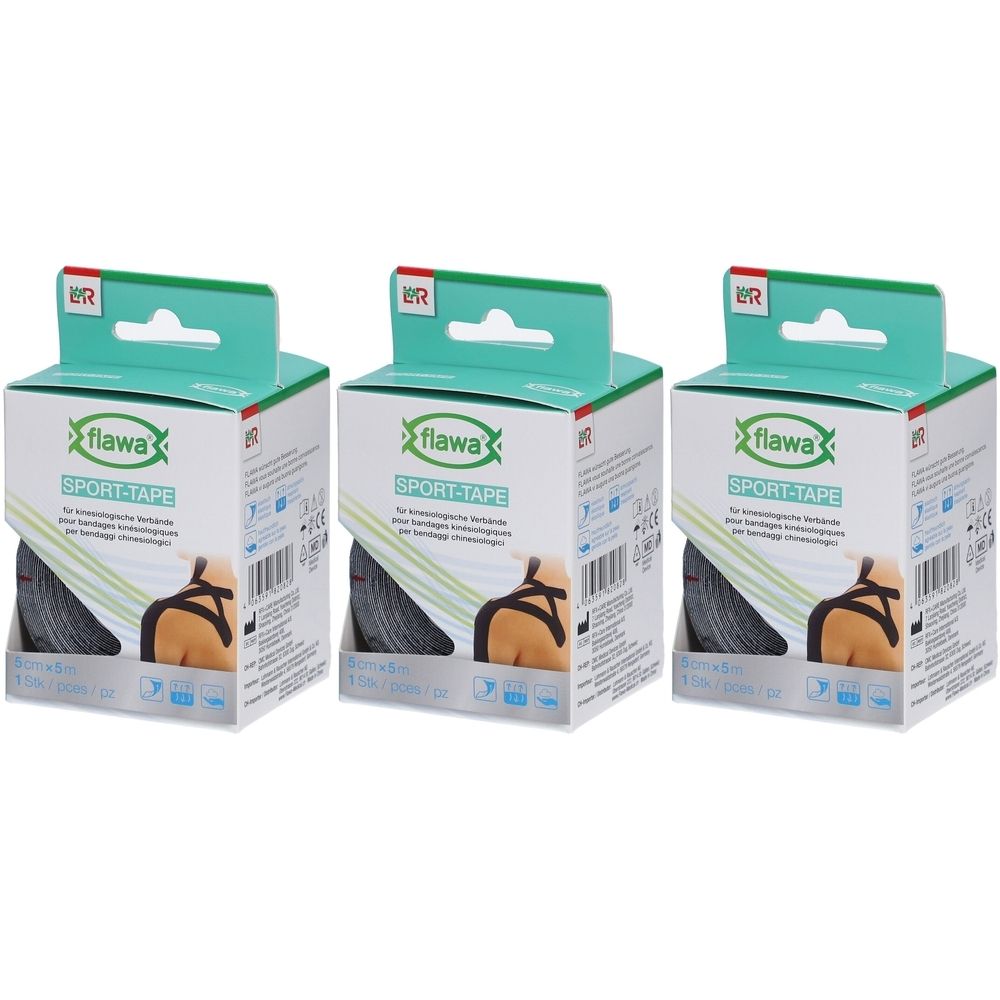 Trois boîtes de Sport-Tape. Ruban noir dans des boîtes avec nom et illustration du produit. Emballage vert et blanc avec crochet.