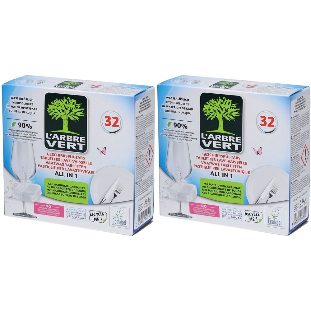 Deux boîtes de tablettes lave-vaisselle L'ARBRE VERT All in 1. Inscriptions : 32 tablettes, 90% d'ingrédients d'origine naturelle. Logo arbre.