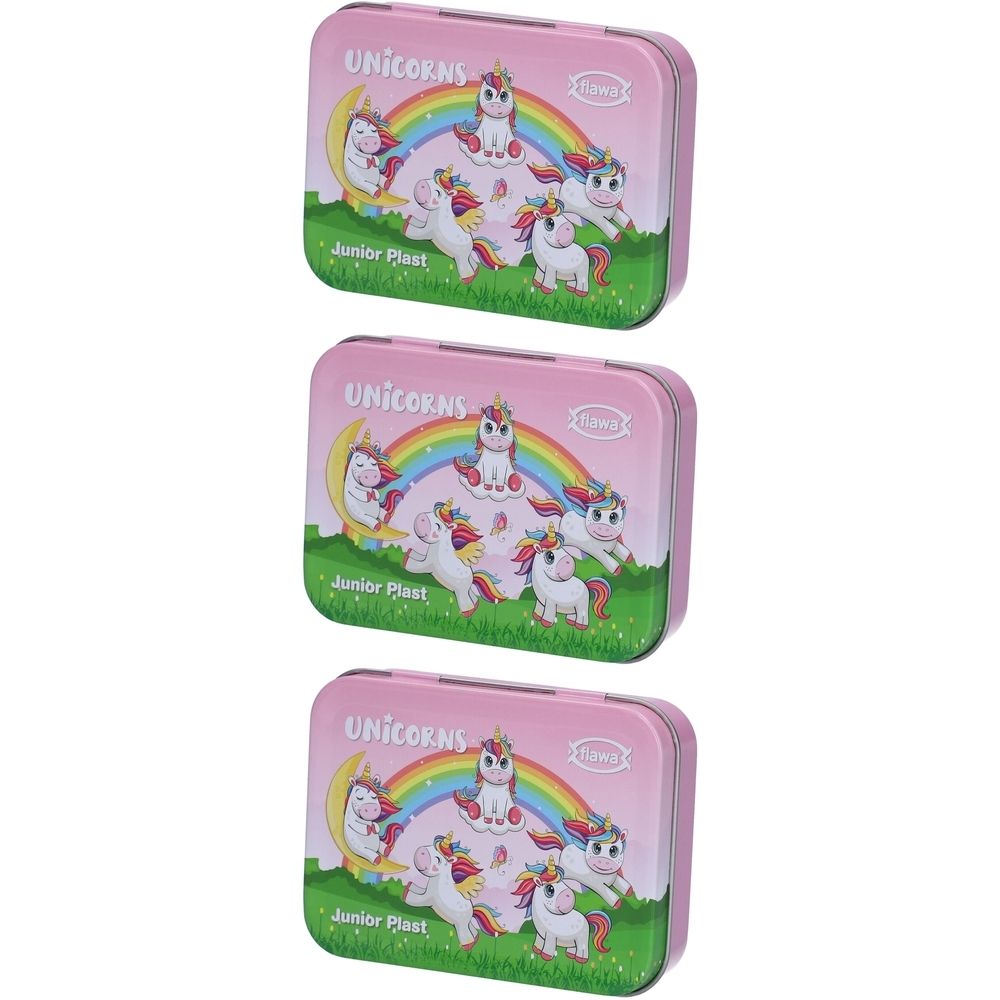 Trois boîtes métalliques rectangulaires roses. Impression: licornes, arc-en-ciel et texte. Marque: flawa® Junior Plast.