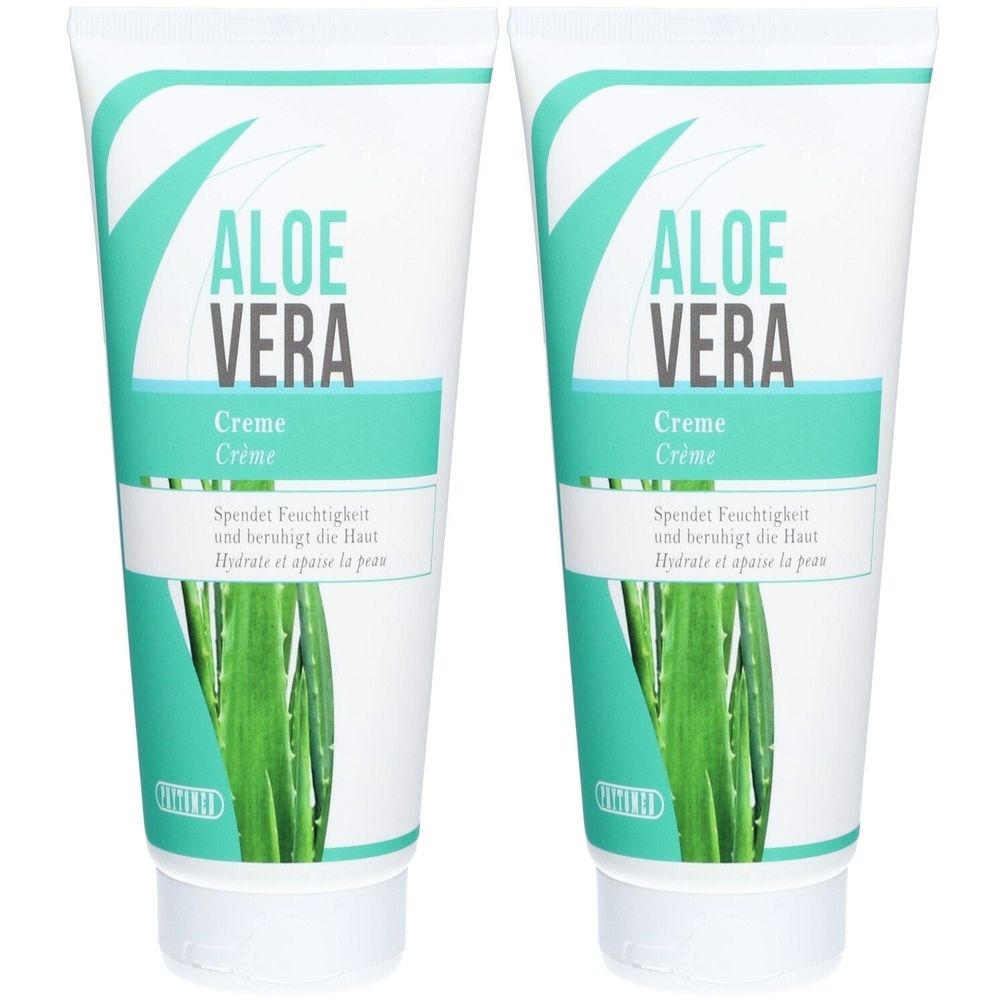 Deux tubes de crème Aloe Vera. Tubes blancs avec texte vert. Texte: Aloe Vera, Crème. Image d'une plante d'aloe vera.