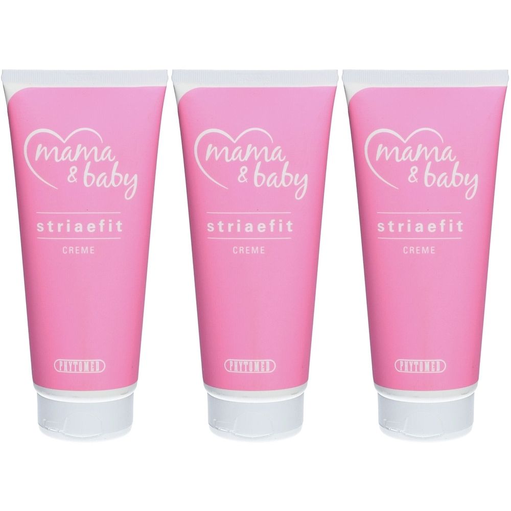 Drie roze tubes met witte doppen. Op elke tube staat in witte letters "mama & baby", "striaefit" en "CREME".