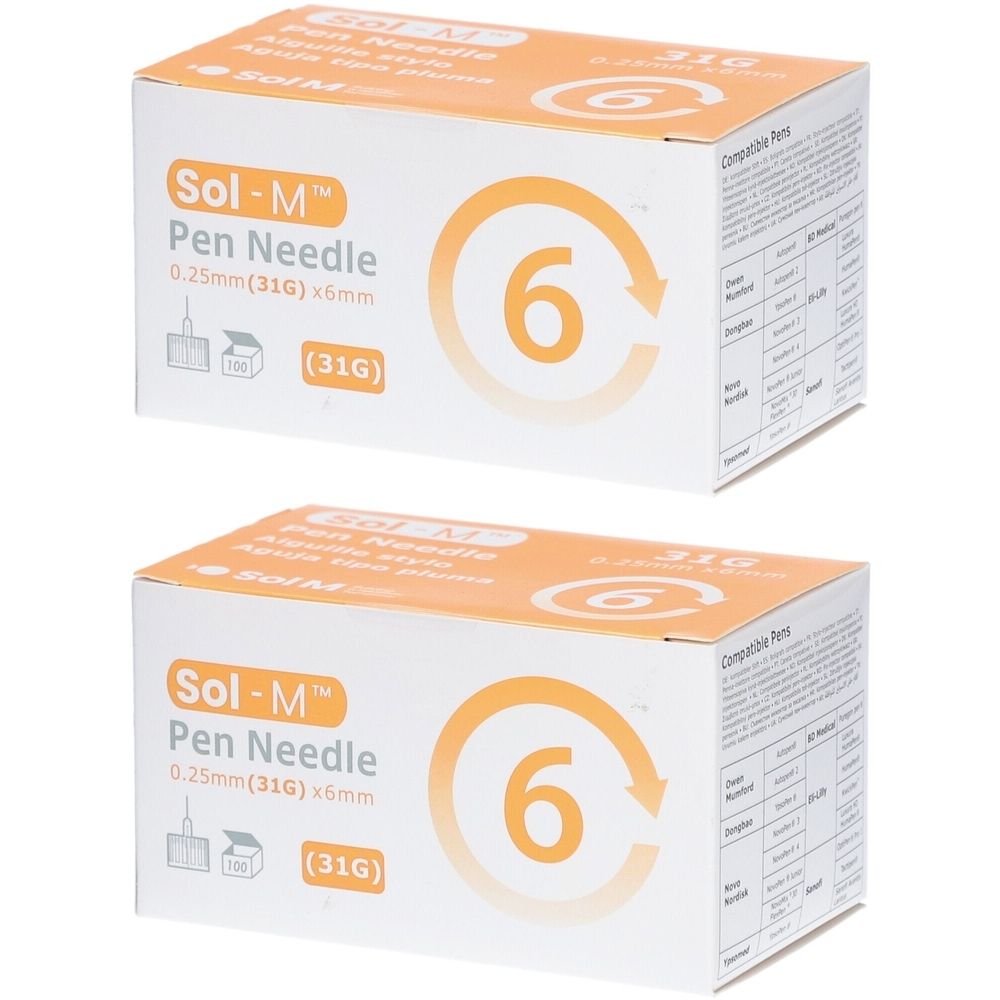 Twee dozen Sol-M Pen Needle. Opschrift: 0,25 mm (31G) x 6 mm. Oranje nummer 6 op de verpakking.