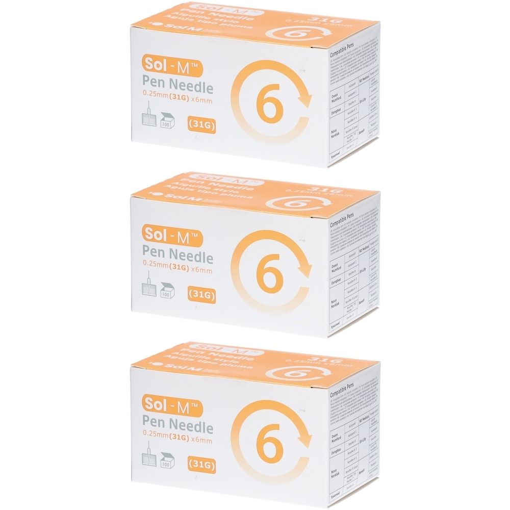 Drie dozen Sol-M Pen Needle. Opschrift: 0,25mm (31G) x 6mm. Oranje cirkel met het cijfer 6. Verpakking met productinformatie.