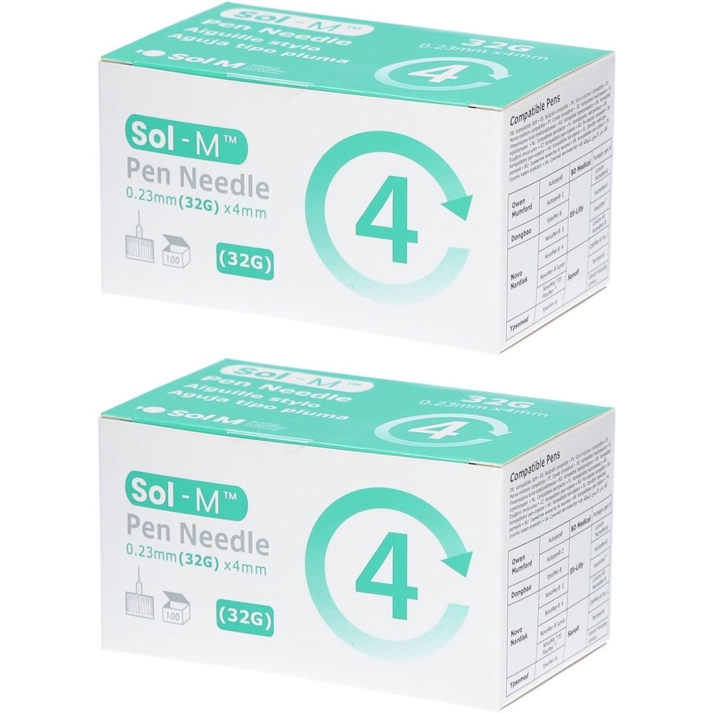 Deux boîtes de Pen Needle. Inscription : Sol-M Pen Needle, 0,23 mm (32G) x 4 mm. Emballage vert et blanc.