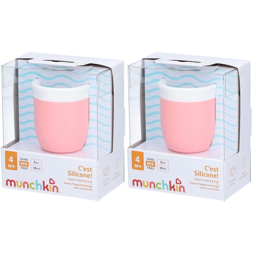 Twee roze oefenbekers in verpakking. Merk: munchkin. Opschrift: C'est Silicone! BPA-vrij.