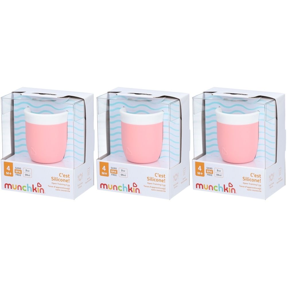 Trois gobelets d'apprentissage Munchkin roses dans leur emballage transparent.