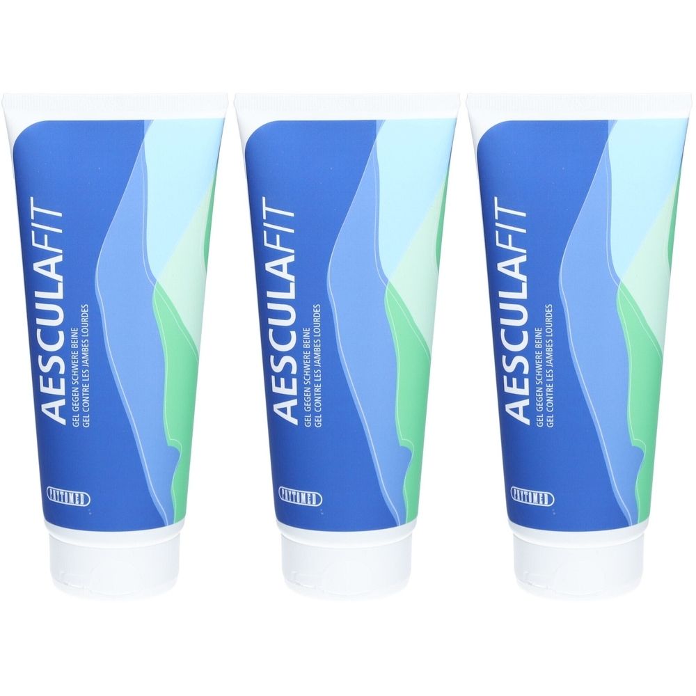Trois tubes de gel Aesculafit. Tubes bleus et blancs avec des vagues vertes et bleues. Inscription : AESCULAFIT, gel pour jambes lourdes.