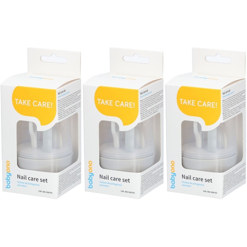 Drie Babyono nagelsets in verpakking. Witte dozen met gele accenten en venster. Opschrift: TAKE CARE! en Nail care set.