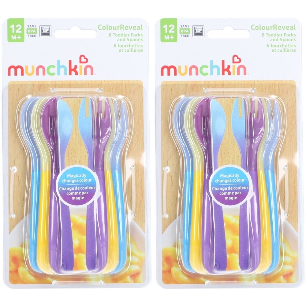 Twee verpakkingen vorken en lepels. Meerkleurig, plastic verpakking. Merk: munchkin. Tekst: ColourReveal, 12M+.
