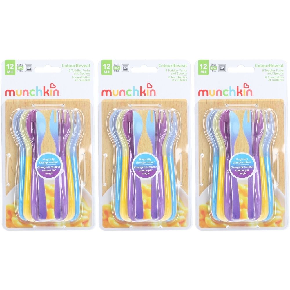 Drie verpakkingen MUNCHKIN® ColourReveal. Elke verpakking bevat 6 vorken en lepels. Kleuren: blauw, geel, paars.