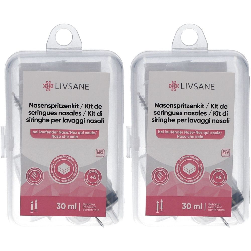 Deux boîtes en plastique transparentes avec kit de seringues nasales. Inscription: LIVSANE, kit de seringues nasales, 30 ml. Contient des seringues et accessoires.