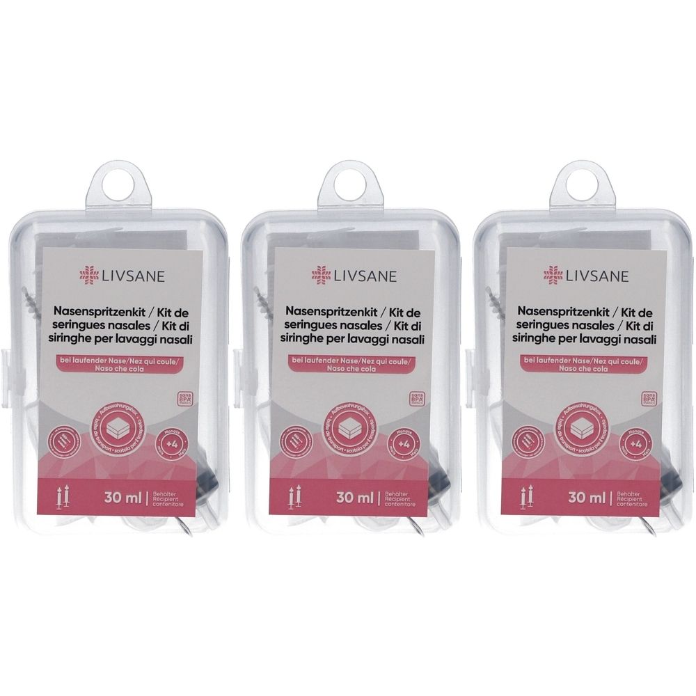 Trois boîtes en plastique transparent contenant un kit de seringues nasales. Chaque boîte contient une carte avec des informations sur le produit et la marque LIVSANE. Inscription : 30 ml.