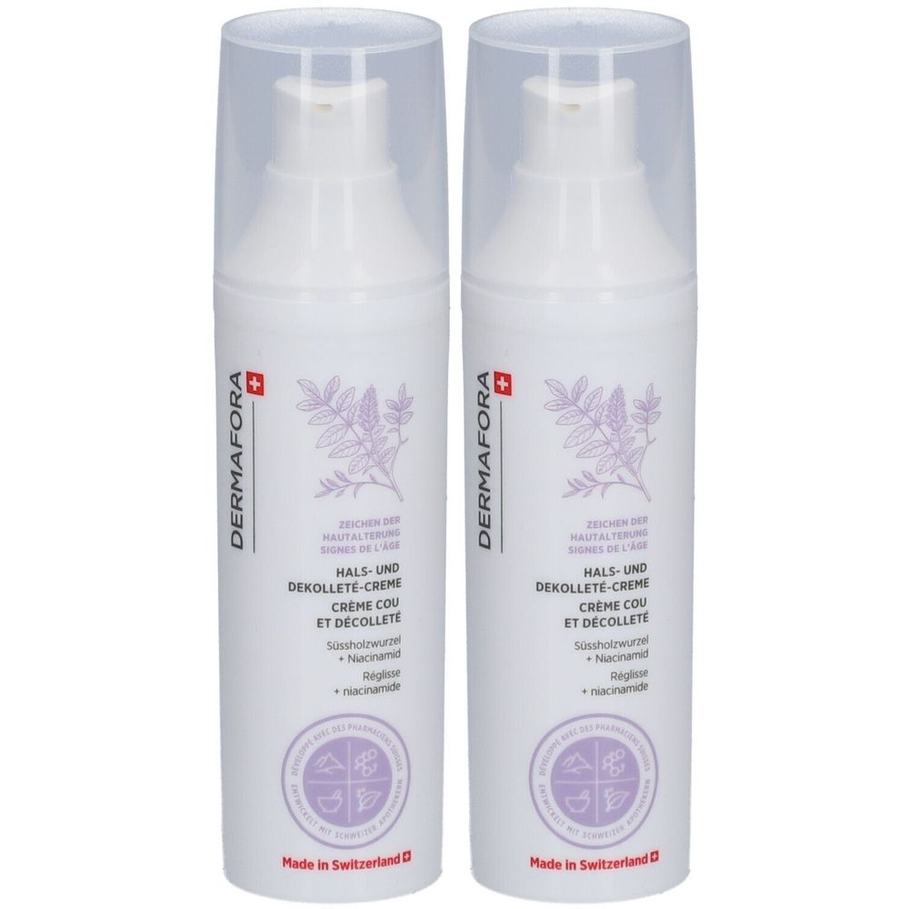 Twee witte flessen Dermafora® crème voor hals & decolleté. Met transparante deksel. Zwitsers kruis en productnaam gedrukt.