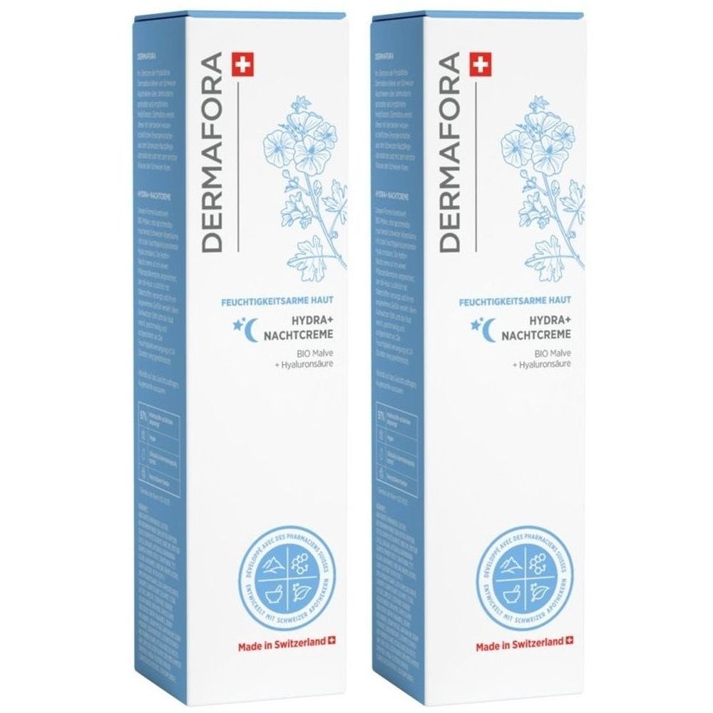 Twee rechthoekige vouwdozen. Opschrift: DERMAFORA, Hydra+ Nachtcrème. Zwitsers kruis. Blauwe en witte kleurstelling. Zegel.