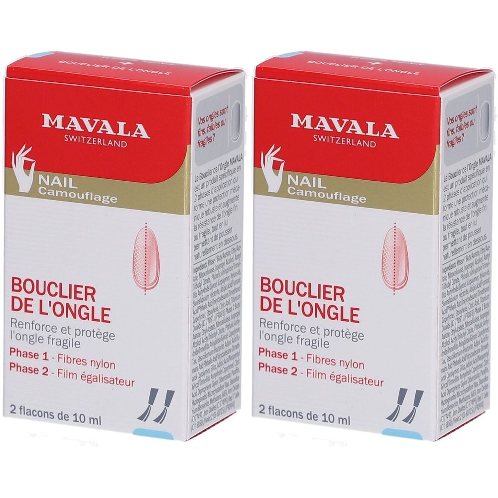 Twee dozen met rode bovenkant. Opschrift: MAVALA, Nail Camouflage, BOUCLIER DE L'ONGLE. Bevat 2 flesjes van 10 ml.