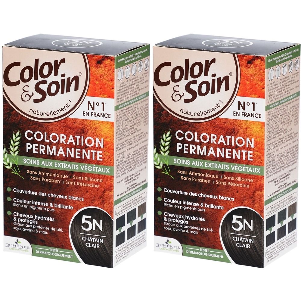 Twee dozen Color & Soin haarkleuring. Opschrift: Coloration Permanente, 5N Châtain Clair. Zonder ammoniak, siliconen, parabenen en resorcinol.