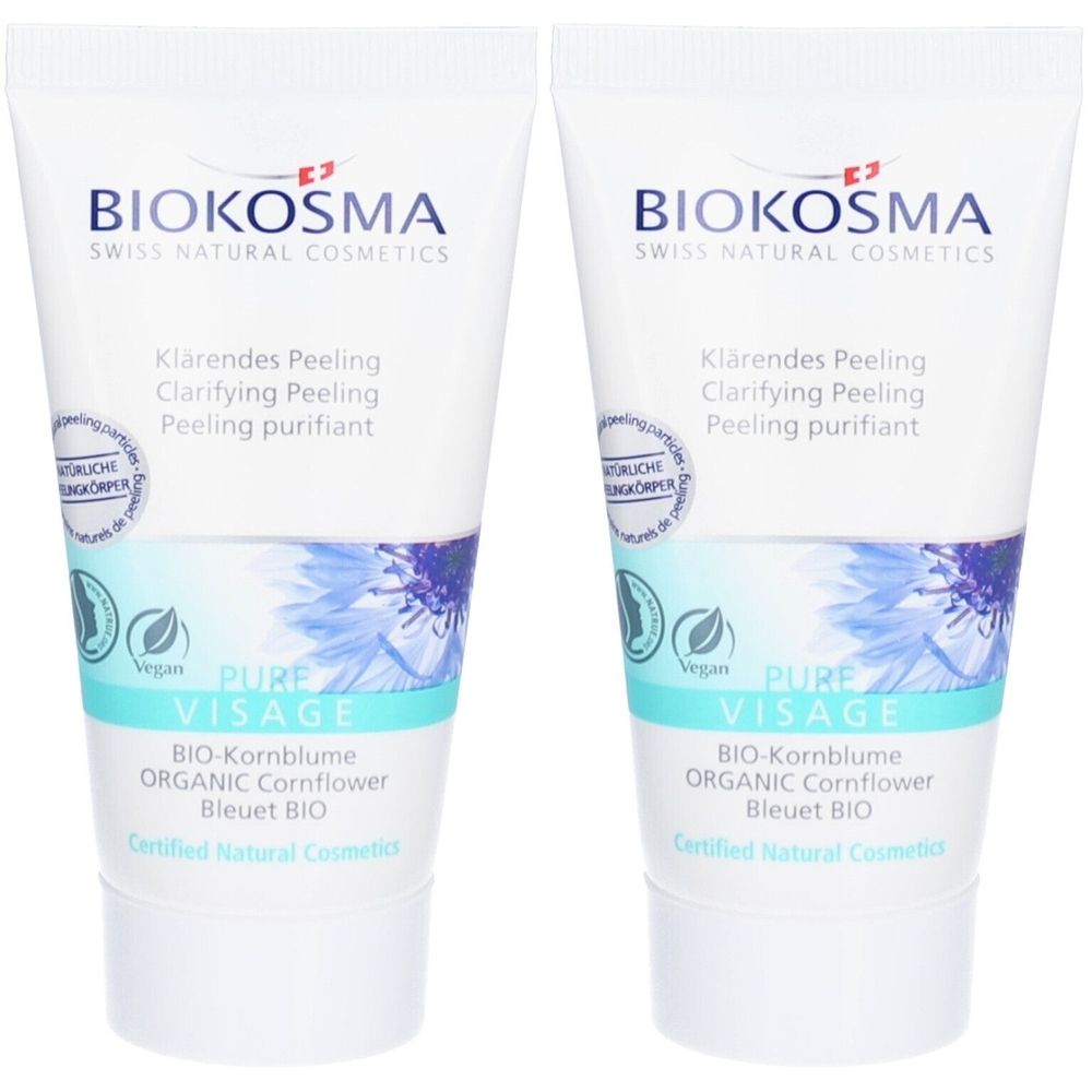 Deux tubes de BIOKOSMA PURE Visage Soft Peeling. Tubes blancs avec texte bleu et motif floral. Label vegan.