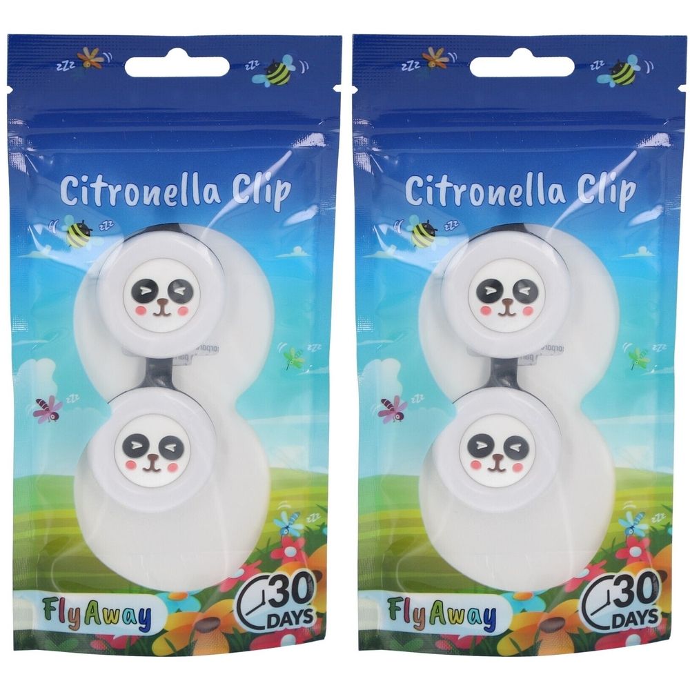 Twee panda clips in verpakking. Opschrift: Citronella Clip, FlyAway, 30 dagen.