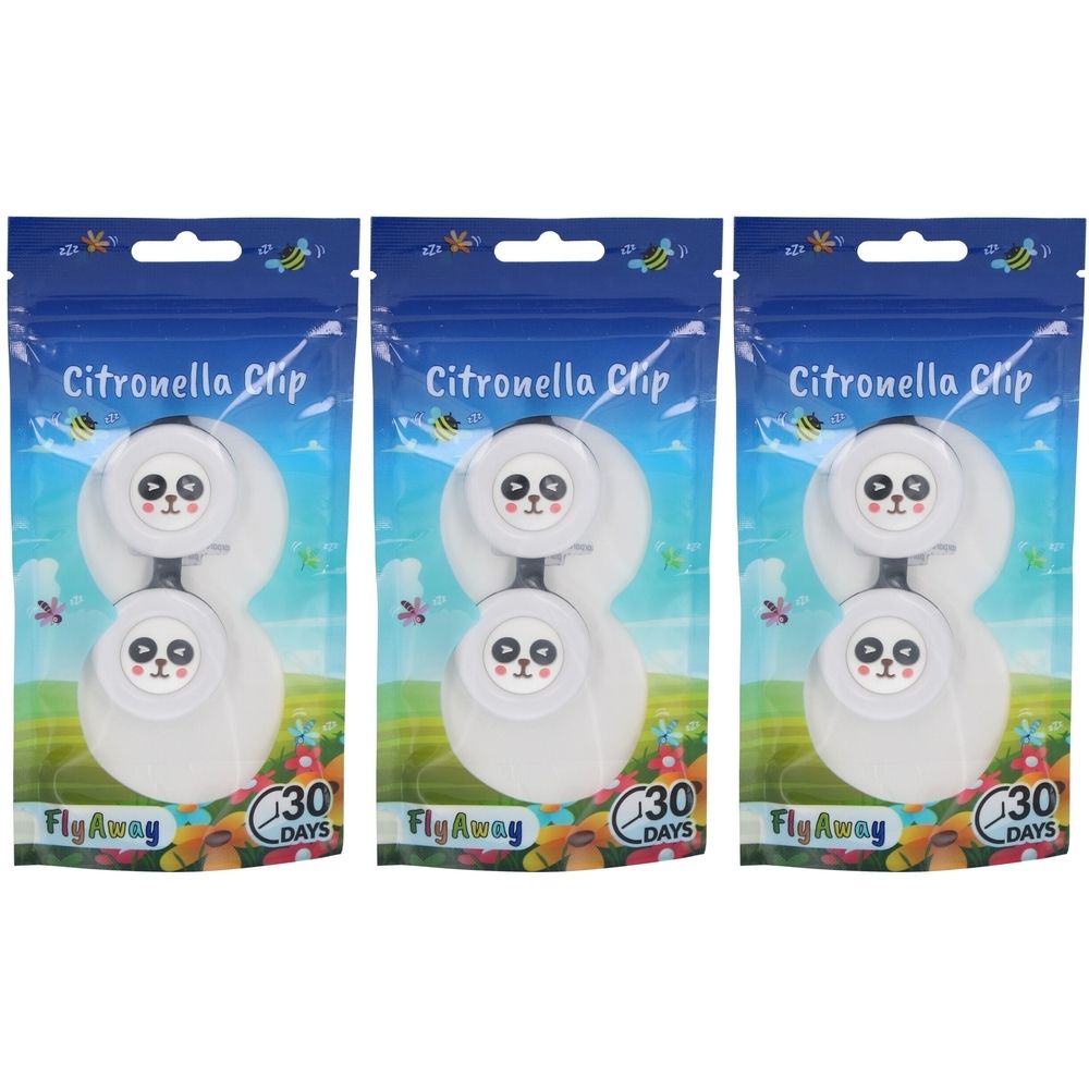 Drie verpakkingen Citronella Clip. Elke verpakking bevat twee panda clips. Op elke verpakking staat "FlyAway" en "30 DAYS".