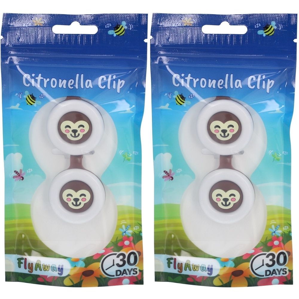 Twee verpakkingen met citronella clips. Elke verpakking bevat twee clips met een apenontwerp. Opschriften: Citronella Clip, FlyAway, 30 dagen.