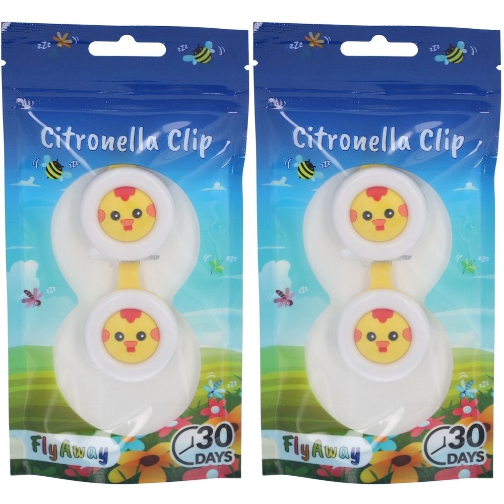 Deux paquets de clips à la citronnelle. Chaque paquet contient deux clips avec un motif de poussin jaune. Emballage avec logo FlyAway et 30 jours.