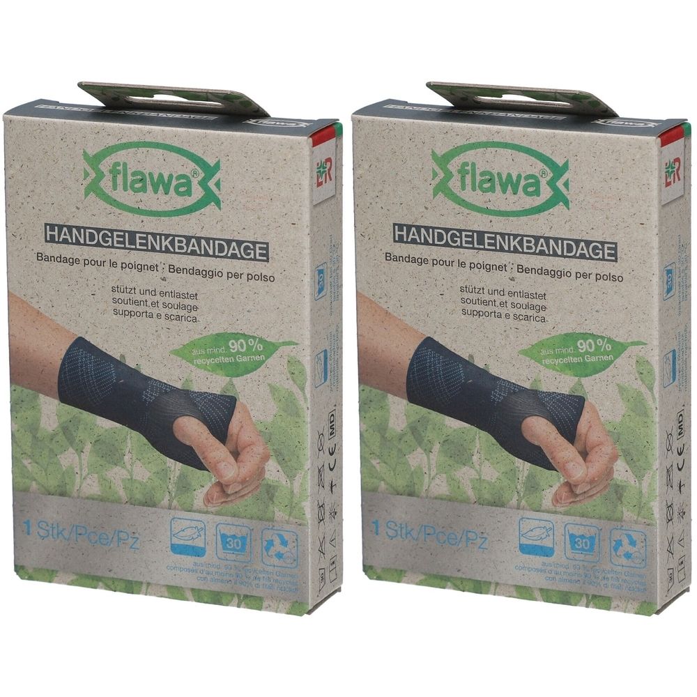 Twee dozen flawa® polsbandages. Opschrift: Handgelenkbandage, 90% natuurlijke grondstoffen. Groen-bruine verpakking.