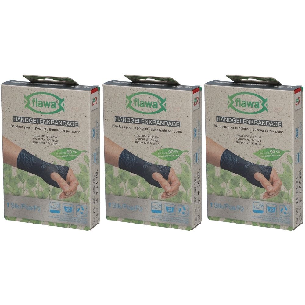 Drie verpakkingen van flawa® polsbandages. Elke verpakking toont een hand met bandage. Tekst: Handgelenkbandage.