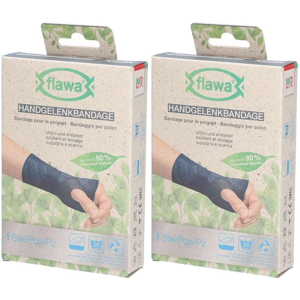 Twee dozen polsbandages. Opdruk: flawa, Handgelenkbandage, 90% Green Fiber. 1 Stk/Pz.