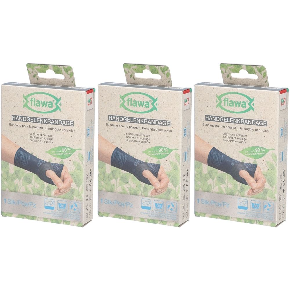 Drie verpakkingen van polsband. Opschrift: flawa, polsband, afbeelding hand met bandage, 90% minder plastic.