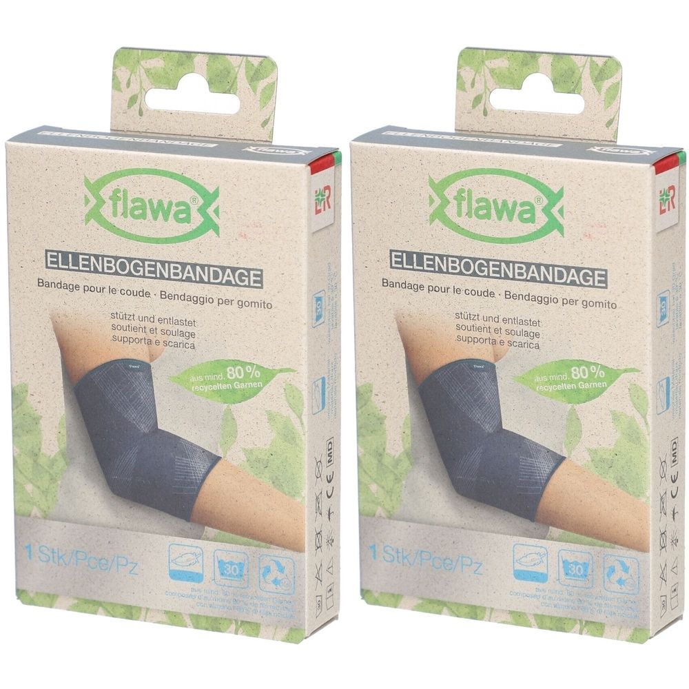 Twee verpakkingen van elleboogbandage. Opdruk: flawa, elleboogbandage, 80% gerecycled garen. 1 stuk.